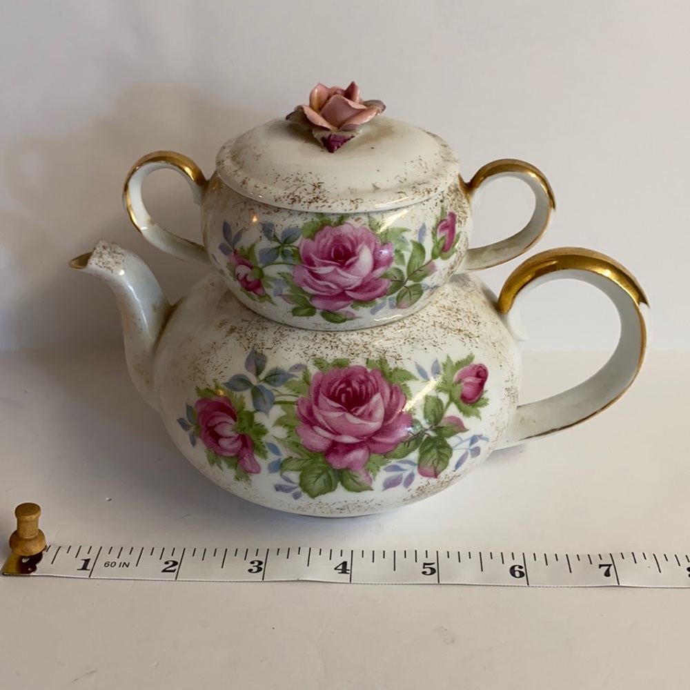 2PC Lefton Stackable Hand Painted Pink Rose stacking Teapot and sugar bowl.